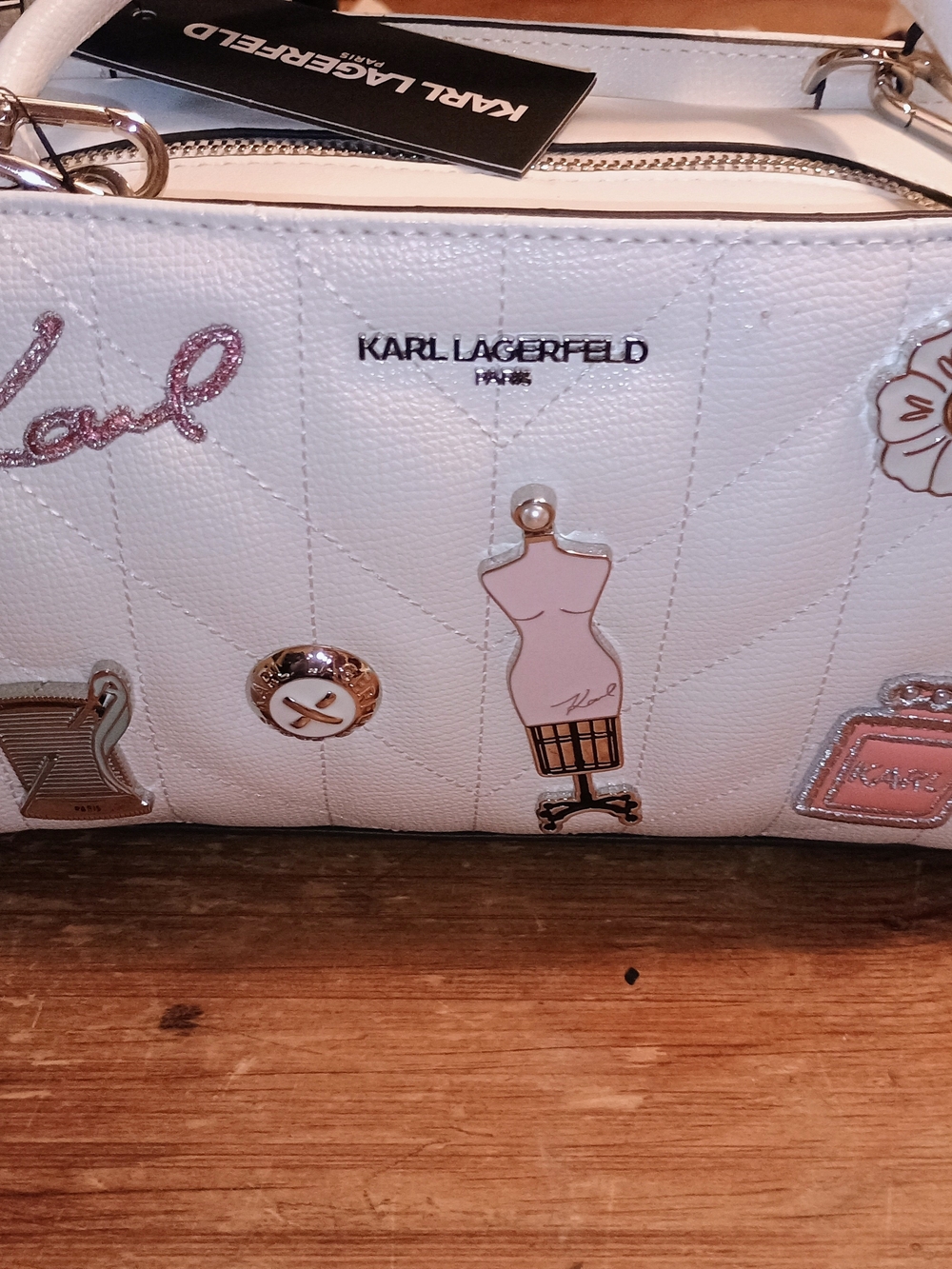 Karl Lagerfeld White Quilted Patch Satchel - Women Bags